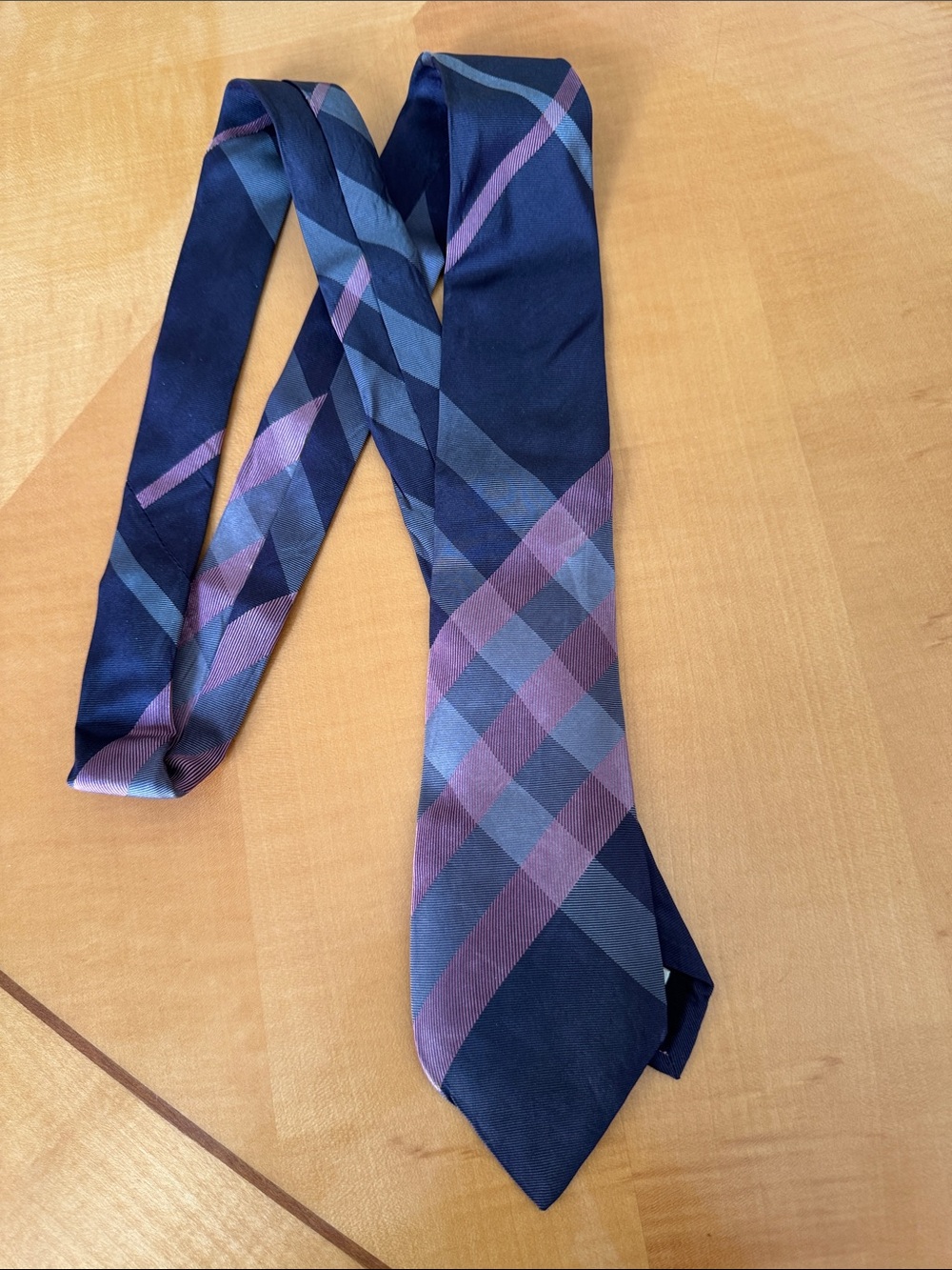 Burberry Navy Plaid Silk Tie with Blue and Purple Accents